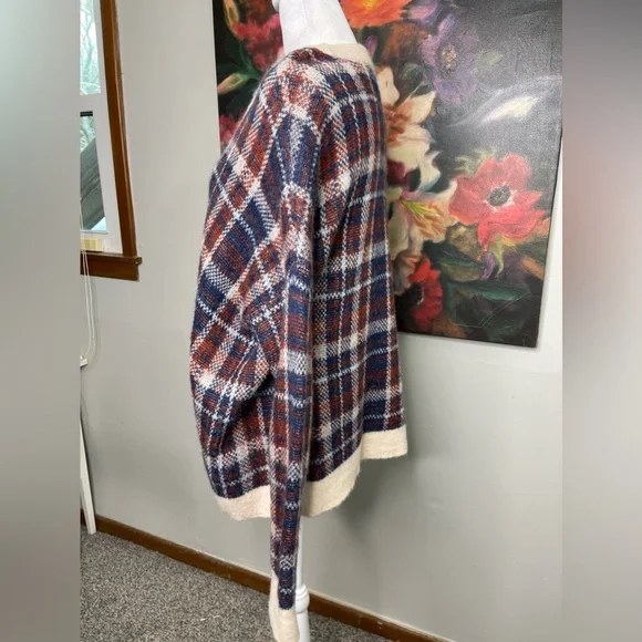 Banana Republic Red Plaid Alpaca Wool Fuzzy V neck Oversized Sweater Sz M Preppy - Picture 4 of 8